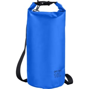 A blue 10L dry sack with a strap and a logo. Ideal for keeping items dry.