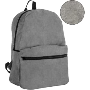 A grey backpack featuring a front zip pocket, adjustable straps, and a textured fabric. It has a logo on it.