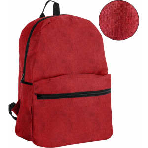 A red backpack featuring a front zip pocket and a textured fabric. It has adjustable straps and a logo.