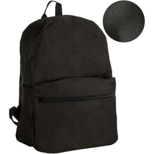 A dark green backpack with a front pocket and a textured fabric. It features adjustable straps and a logo.