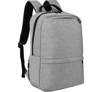 A grey laptop backpack with adjustable straps and multiple zippered compartments, featuring a logo.