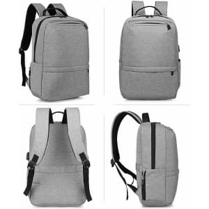 A grey Techpac laptop backpack shown from multiple angles, featuring adjustable straps and a logo.