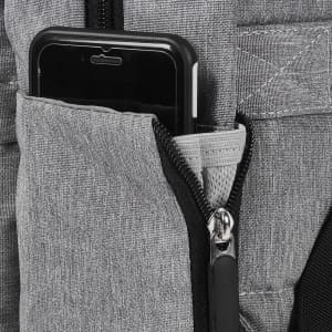 A grey Techpac Laptop Backpack featuring a side pocket with a smartphone partially visible.