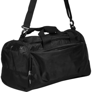 A black duffle bag with dual handles and an adjustable shoulder strap, featuring a zippered main compartment and logo.