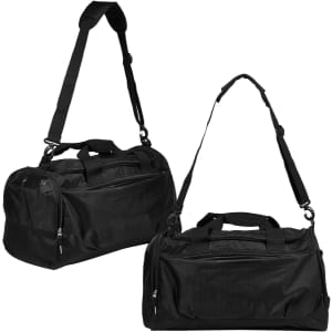 A black duffle bag with dual handles and an adjustable shoulder strap, featuring a logo on the side.