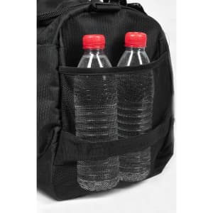 A black sport bag with two water bottles secured in a mesh pocket on the side. It features a simple logo.
