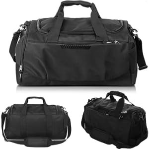 A black duffle bag featuring multiple handles, a shoulder strap, and a logo. The bag has a sleek, sporty design.