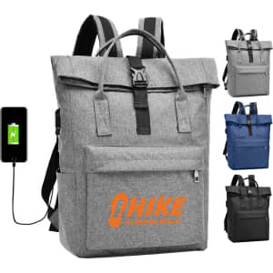 A grey laptop backpack with a front pocket, adjustable straps, and a logo. Features an external charging port.
