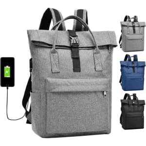 A grey laptop backpack with a front pocket, adjustable straps, and a built-in charging port. Available in multiple colours.