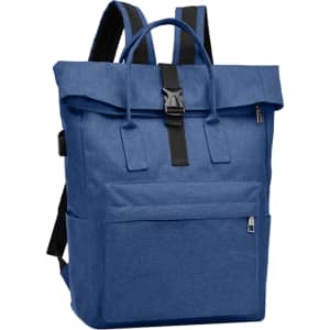 A blue laptop backpack featuring a roll-top closure, front pocket, and adjustable shoulder straps. Includes a logo.