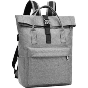 A grey Adventure Laptop Backpack with a roll-top closure and front pocket, featuring adjustable straps and a logo.
