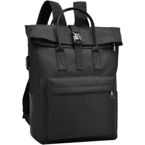 A black Adventure Laptop Backpack featuring a top flap, adjustable straps, and a front pocket. It has a logo on it.