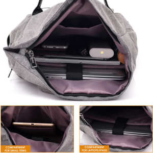 A grey laptop backpack with multiple compartments, including sections for laptops and small items.