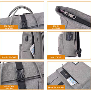 A grey Adventure Laptop Backpack with various pockets, top carry handles, and zip closures. Features a logo.