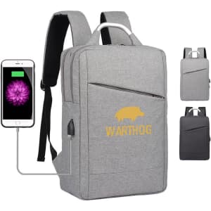 A grey laptop backpack with a front pocket and integrated charging port, featuring a logo. Includes adjustable straps.
