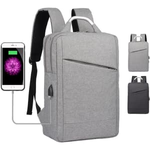 A grey laptop backpack with a front zipper pocket and a charging port, featuring adjustable straps and a minimalist design.