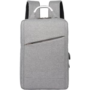 A grey laptop backpack with padded shoulder straps and a front zip pocket. It features a handle on top.