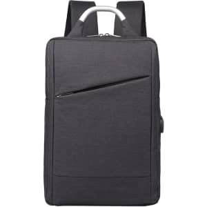A grey laptop backpack with a sleek design and shoulder straps, featuring a front zip pocket and a logo.