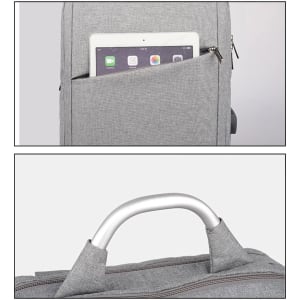 A grey laptop backpack with a tablet in the front pocket and a handle at the top. It features a logo.