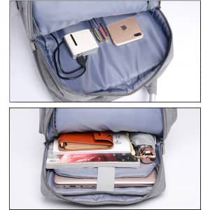 A grey Tokiro laptop backpack interior featuring a laptop, smartphone, charger, and stationery items.