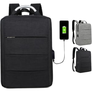 A Kuno Laptop Backpack in black featuring multiple compartments and a built-in charging port. It includes a branding logo.