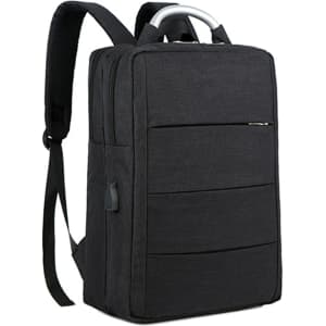 A black laptop backpack with padded shoulder straps and a top carry handle, featuring multiple zippered compartments and a logo.