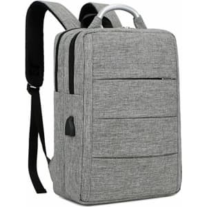 A grey laptop backpack with a sleek design, featuring multiple compartments and a logo on the front.