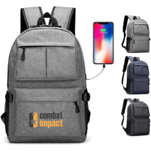 A grey laptop backpack with multiple compartments and a logo, featuring a charging port and adjustable straps.