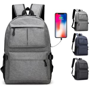 A grey laptop backpack with multiple pockets, featuring a charging port and branding. Includes two additional colour options.