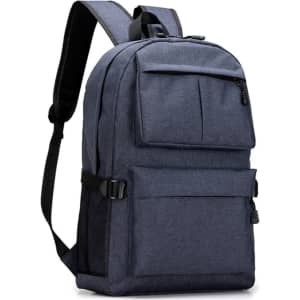 A navy blue laptop backpack featuring multiple pockets and adjustable straps. It has a logo on the front.