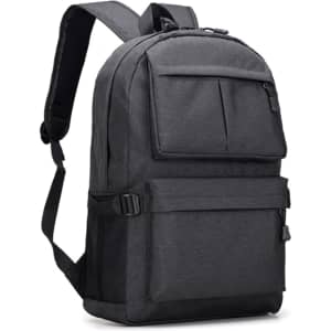 A dark grey laptop backpack with multiple compartments and adjustable straps, featuring a logo on the front.