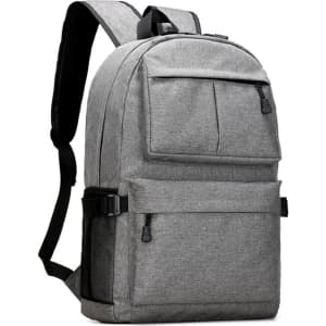 A grey laptop backpack featuring multiple pockets and adjustable straps, designed for convenience and storage.