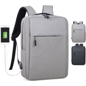 A grey backpack with a front pocket, featuring a USB charging port and black straps, with a logo on the side.