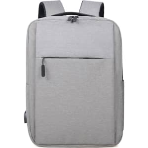 A grey backpack with two shoulder straps and a front pocket, featuring a minimalist design and logo.