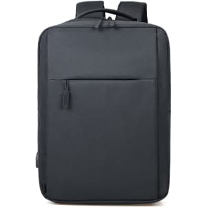 A dark grey backpack featuring a front pocket and dual shoulder straps. It has a streamlined design and a top handle.