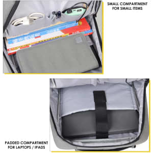 A grey Wirra Backpack with compartments for small items and a padded section for laptops or iPads.