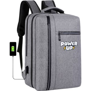 A grey backpack with a front zipper pocket, featuring a logo and a USB charging port.