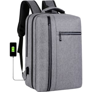 A grey laptop backpack with multiple compartments, featuring a USB charging port and a logo.