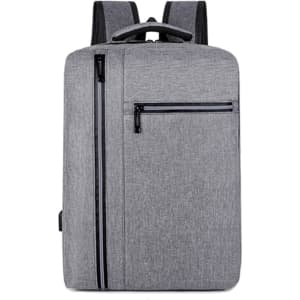 A grey laptop backpack with a main compartment and two front zippered pockets, featuring a handle and padded straps.