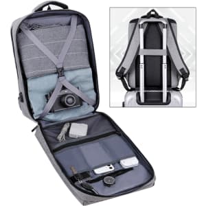 A grey laptop backpack with compartments for a camera, cables, and a watch, featuring a logo.