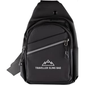 A black sling bag with a zippered compartment and a logo, featuring a sleek design.