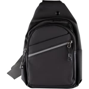 A black sling bag with multiple zippered pockets and a shoulder strap, featuring a brand logo.