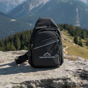 A black sling bag resting on a rock, set against a mountainous landscape with trees and a pathway in the background.