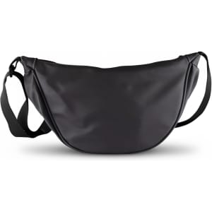 A black, curved bag with an adjustable strap and a logo. The material appears sleek and smooth.