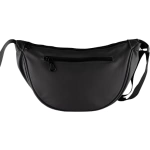 A black bag with a curved shape, featuring a front zip pocket and an adjustable strap. It has a logo visible.
