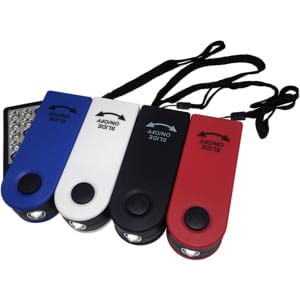 A set of four 360 Degree Torches in blue, white, red, and black, featuring a keyring attachment and a logo.