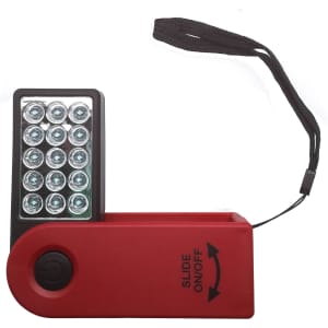 A red 360 Degree Torch with multiple LED lights and a black strap for easy carrying. It features a sliding on/off switch.