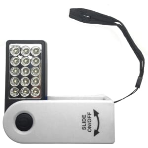 A 360-degree torch in white and black features multiple LED lights and a wrist strap for easy carrying.