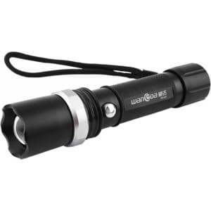 A black torch with a textured grip, featuring a silver bezel and a wrist strap. It includes a branding logo.