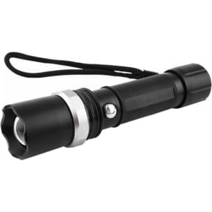A black torch with a textured grip, featuring a silver accent and a wrist strap.